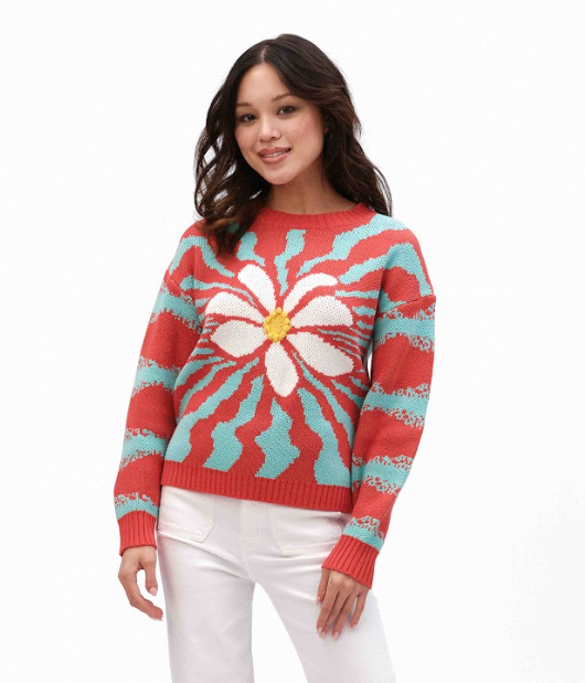 FASHION CONCEPTS RED TEAL FLORAL DAISY SWEATER