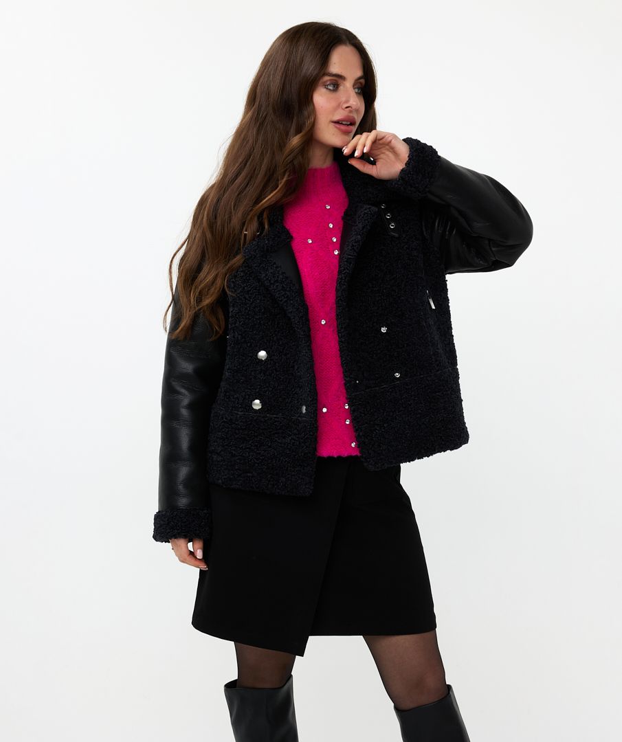 ESQUALO BONED PU SLEEVES JACKET IN BLACK