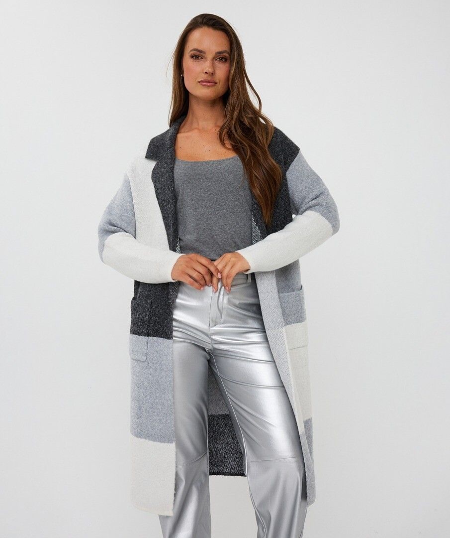 ESQUALO LONG CARDIGAN WITH COLOUR BLOCKING IN GREY