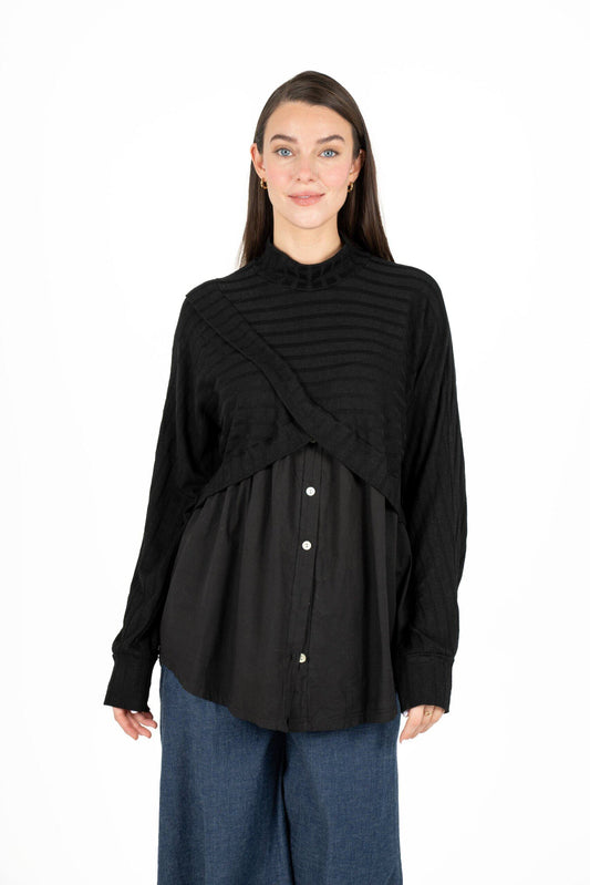 M MADE IN ITALY BLACK KNIT & WOVEN TUNIC