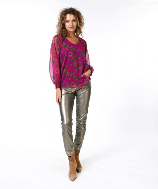 ESQUALO FLORAL SMOCKED CUFF BLOUSE