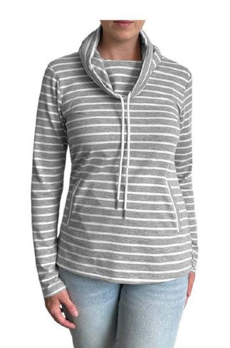 MOTION GREY AND WHITE STRIPED COWL NECK LONG SLEEVE TOP