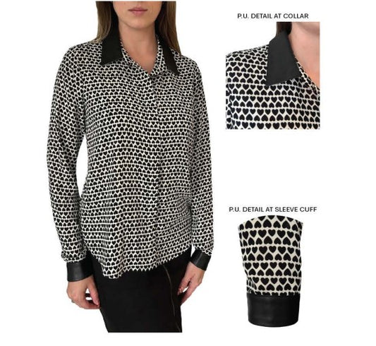 MOTION BLACK BUTTON FRONT WOVEN BLOUSE WITH HEART PATTERN