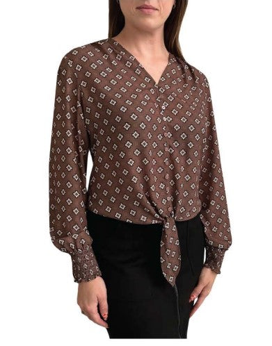 MOTION BROWN TIE FRONT BLOUSE WITH RUCHED SLEEVE CUFF