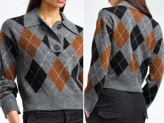 MOTION CHARCOAL ARGYLE PLAID POLO SWEATER