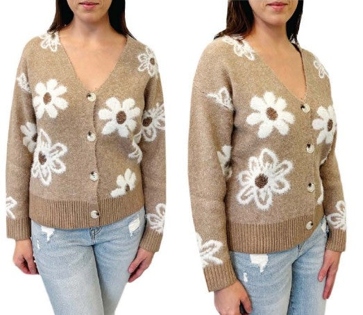 MOTION FLOWER JACQUARD TAUPE PATTERN CARDIGAN