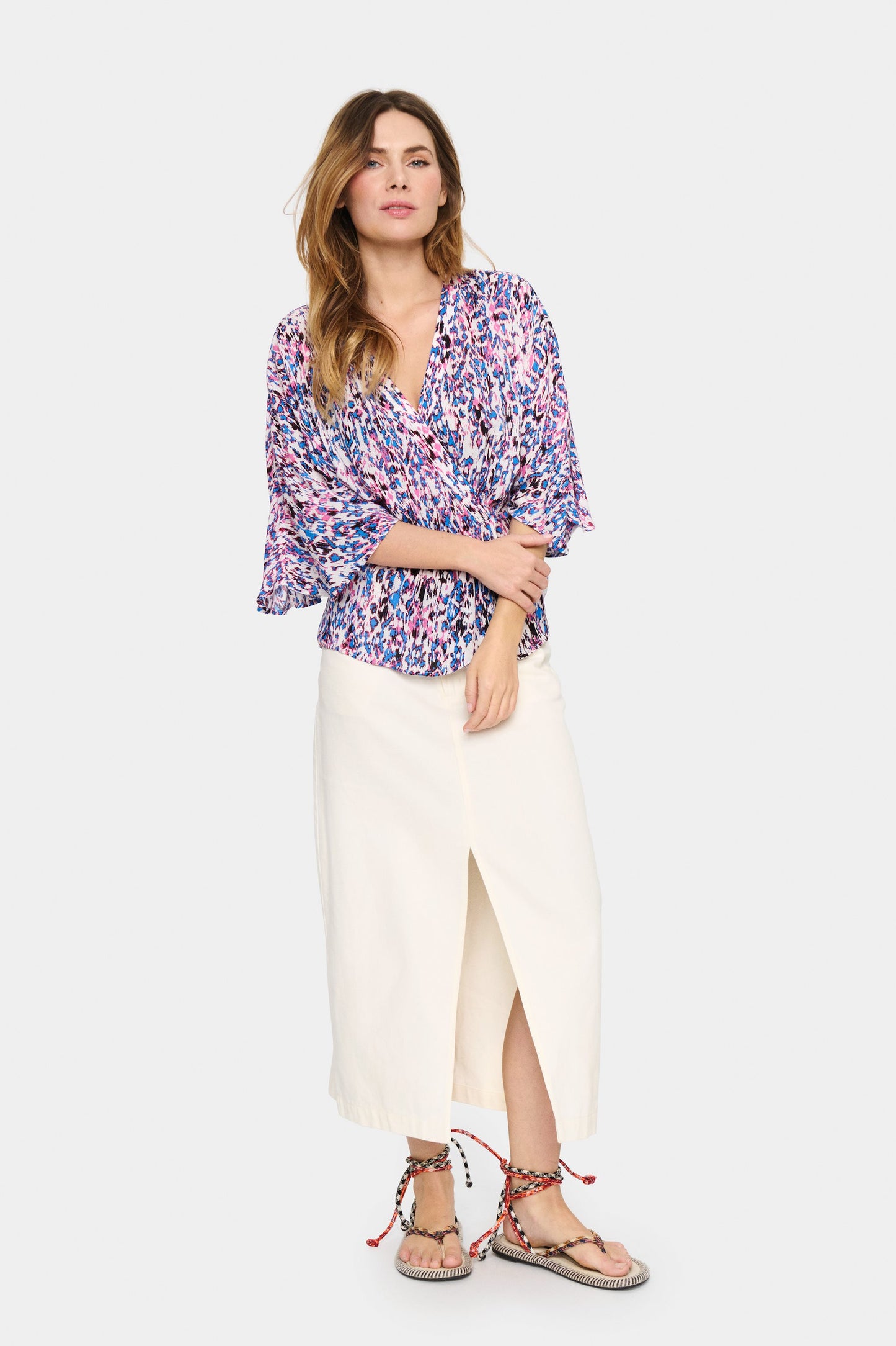 SAINT TROPEZ PINK PAINT EVERLEY WRAP BLOUSE