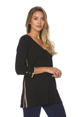 SPENSE BLACK V NECK FOLDED CUFF SWEATER WITH TAUPE PIPING