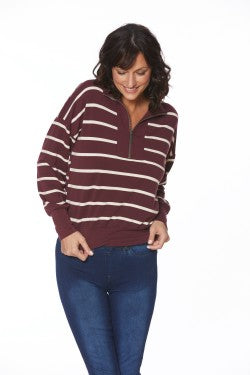 MELISSA PAIGE BURGUNDY YARN DYE HALF ZIP KNIT PULLOVER