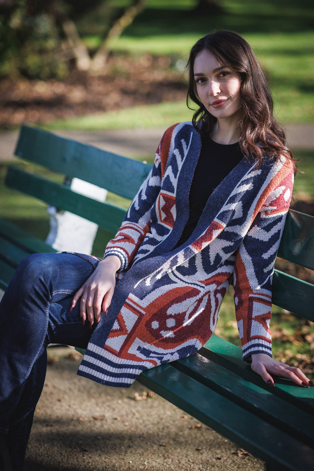 PAPILLON NAVY KNITTED MULTICOLOUR GEO PRINT CARDIGAN