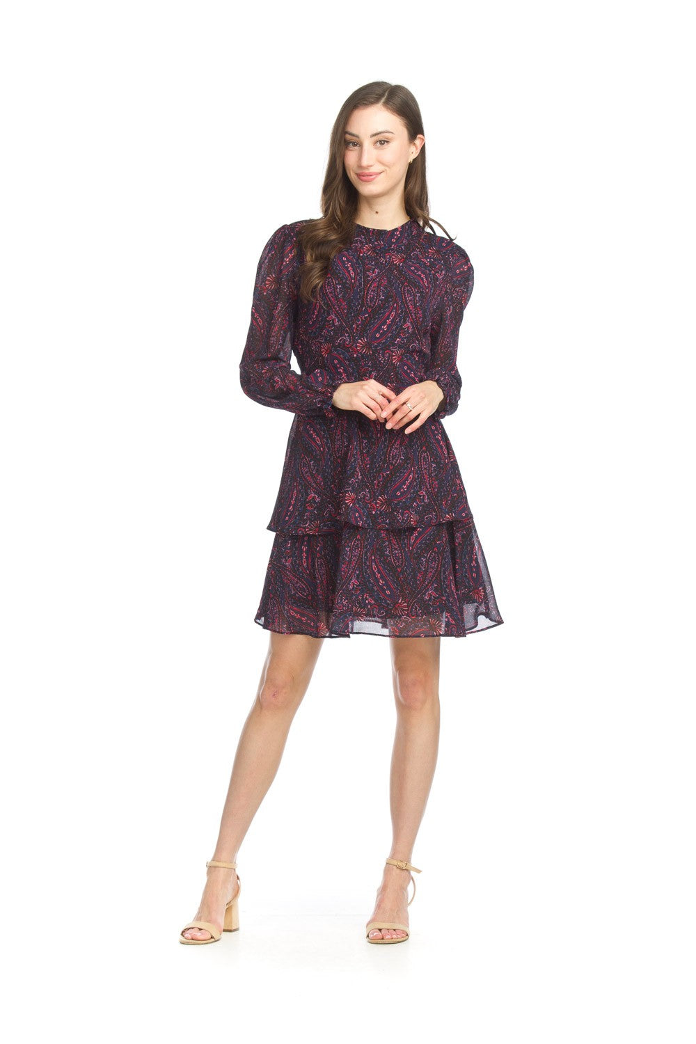 PAPILLON BURGUNDY MOCK NECK PAISLEY DRESS WITH RUFFLED BOTTOM