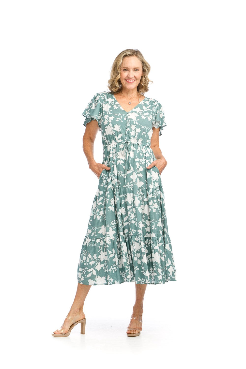 PAPILLON SHADOW FLORAL FLUTTER SLEEVE TIERED MIDI DRESS WITH TIE WAIST IN SAGE