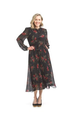 PAPILLION BLACK FLORAL PLEATED SKIRT MIDI DRESS