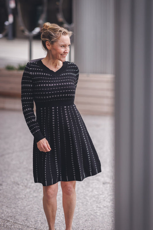 PAPILLON BLACK RIBBED FAIRISLE KNIT FIT & FLARE DRESS