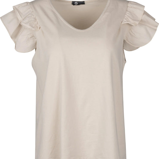 M MADE IN ITALY KNIT V NECK WOVEN COMBO TOP WITH RUFFLE SLEEVE IN COCONUT