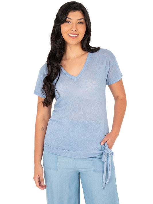 M MADE IN ITALY V NECK KNIT TOP IN COASTAL