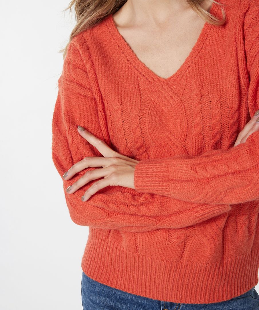 ESQUALO RED CLAY V NECK CABLE SWEATER