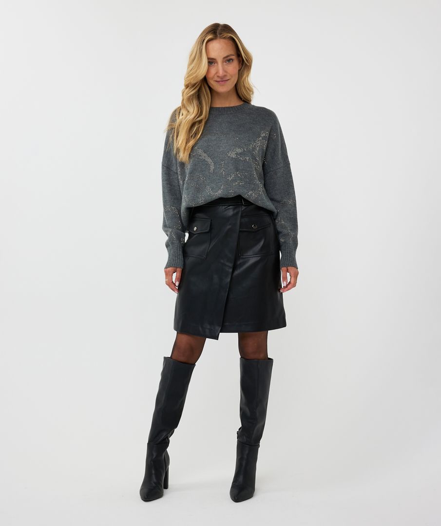 ESQUALO VEGAN LEATHER OVERLAP SKIRT IN BLACK