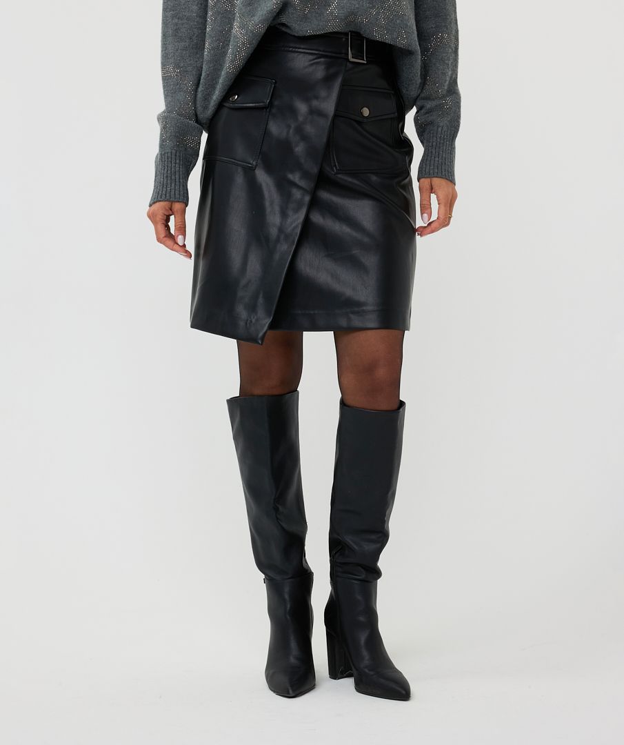 ESQUALO VEGAN LEATHER OVERLAP SKIRT IN BLACK