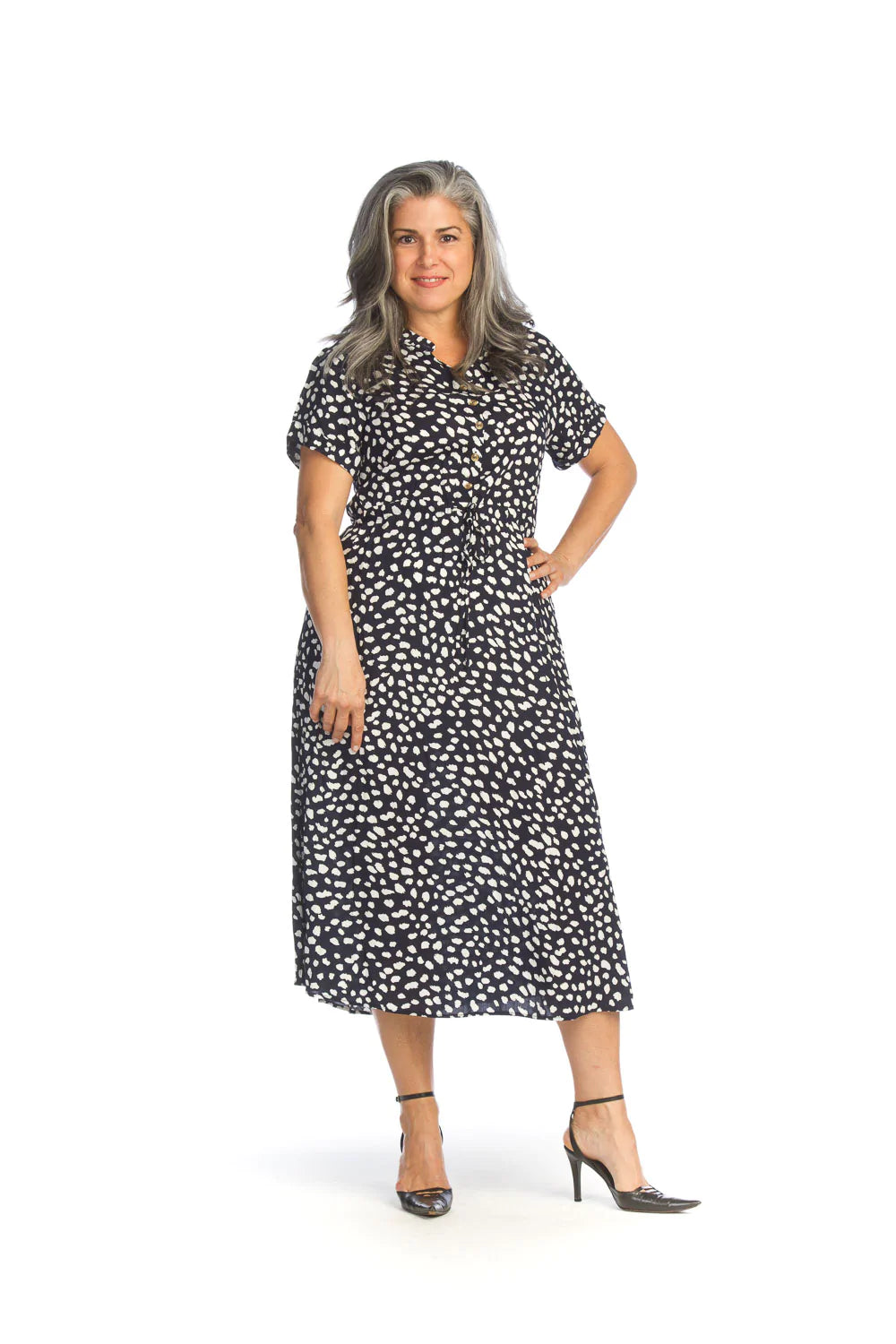 PAPILLON NAVY SPOTTED MIDI DRESS WITH DRAWSTRING WASIT