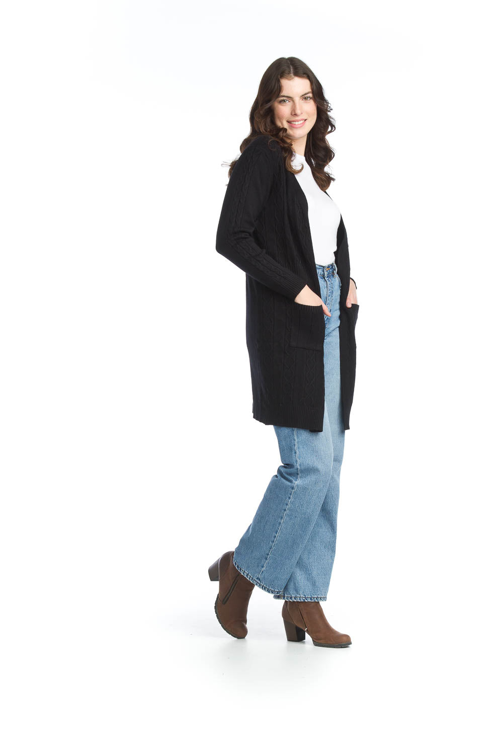PAPILLON SOFT CABLE KNIT BLACK CARDIGAN WITH POCKETS