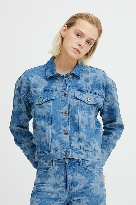 ICHI BETSIE LIGHT BLUE FLORAL DENIM JACKET